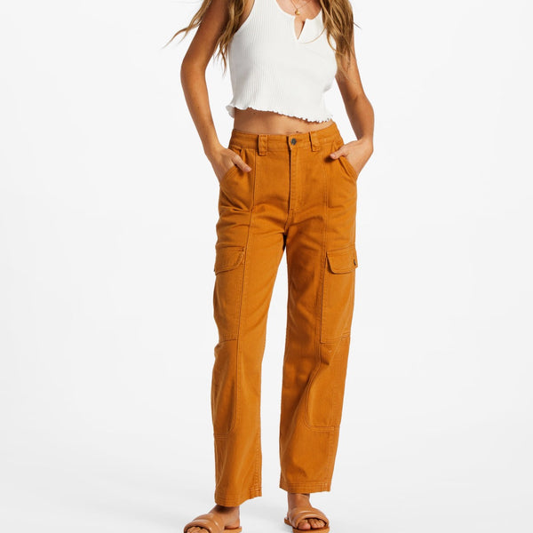 front view of model in pants. shows the high waist, straight leg and side pouch pockets.
