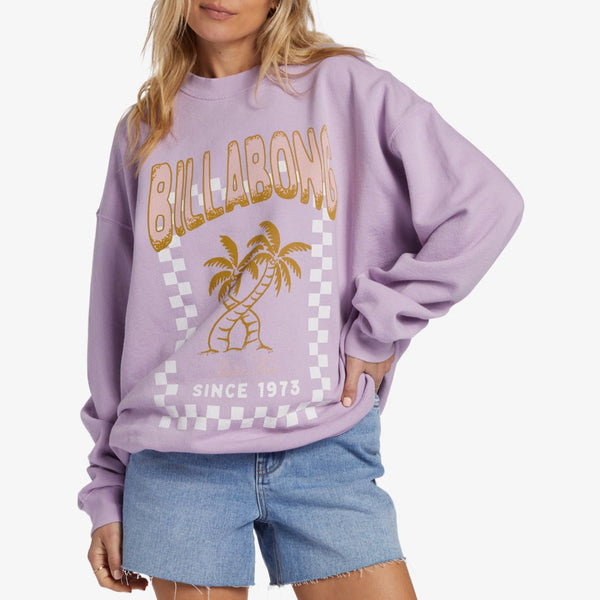 front view of the model wearing the ride in crewneck sweatshirt. shows the crew neckline. also shows the oversized fit, ribbed bands and the large front graphic. 