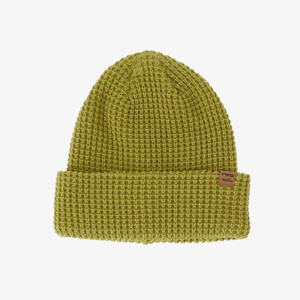shows green beanie laying flat. you can see the knit fabrication, fold over detail and billabong logo.