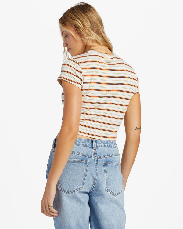 back view of the model wearing the easy does it top. shows the fitted style. also shows the cap sleeves and multi colored stripes. 