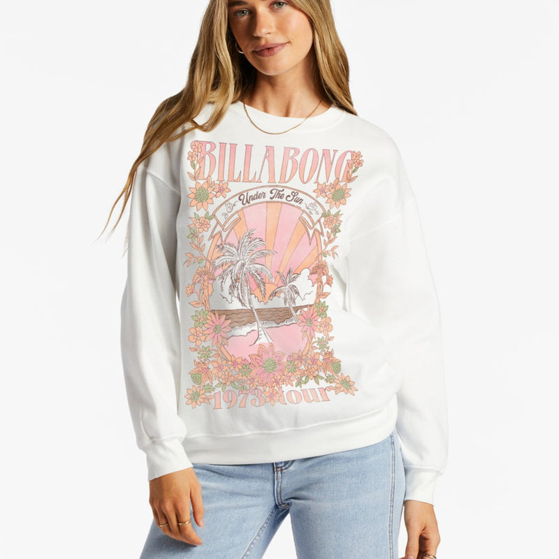 Front view of sweatshirt. Shows the dropped shoulders, ribbed elastic hemline, and tropical palm trees and beach graphic.