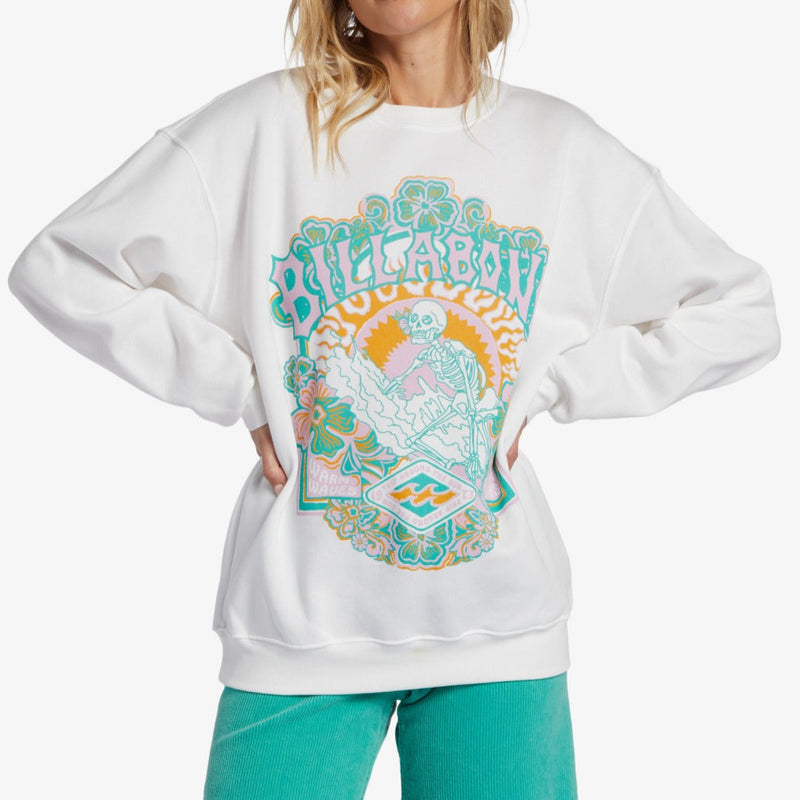 front view of the model wearing the sunny days sweatshirt. shows the crew neckline. also shows the dropped shoulders and the front screen print. 
