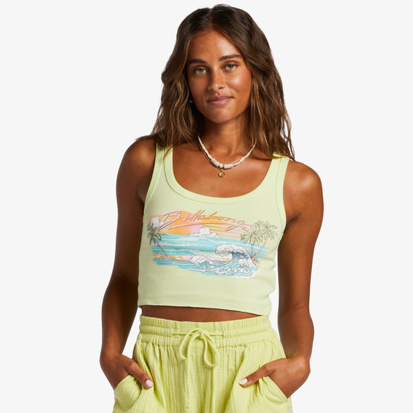 shows a front view of model in tank top. shows the scoop neckline, thick fixed straps, cropped length and raw hemline.