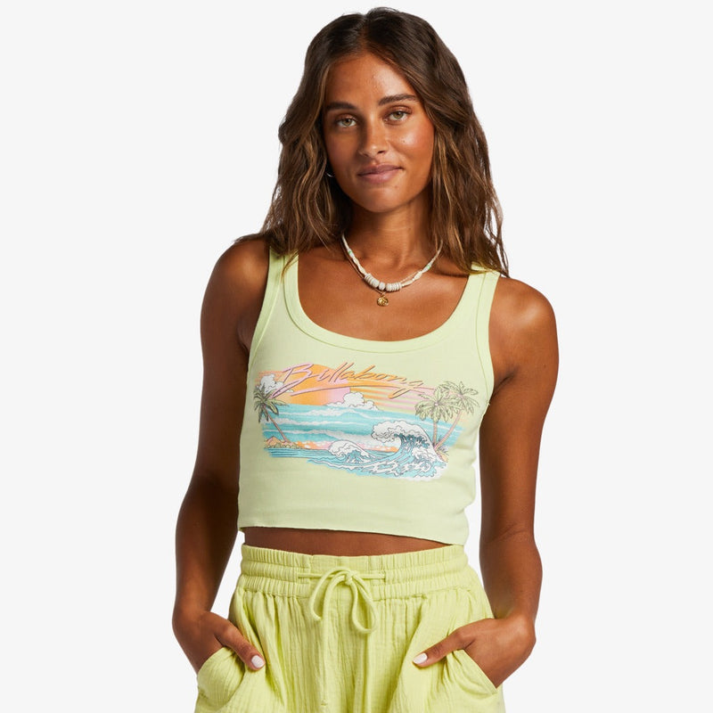 shows a front view of model in tank top. shows the scoop neckline, thick fixed straps, cropped length and raw hemline.