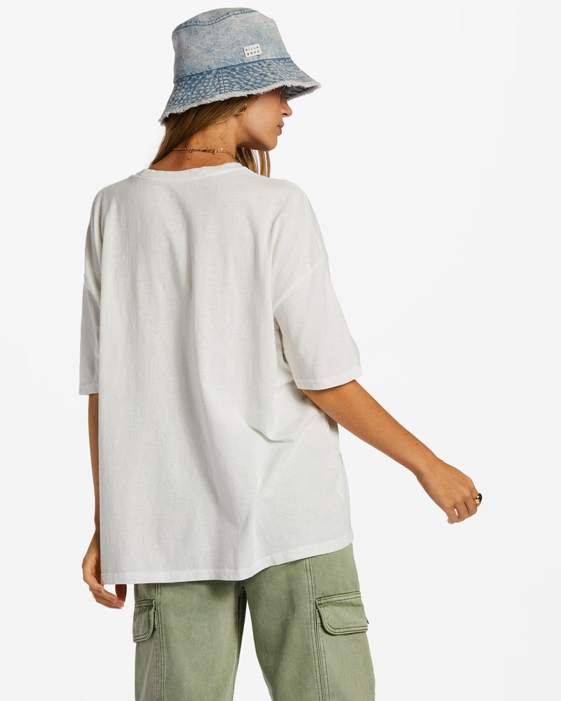 Back view of t-shirt. Showcases the baggy fit and dropped shoulders.