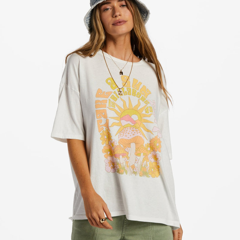 Front view of oversized tee. Features dropped shoulders, crew neckline and fun mushroom and sun graphic. 