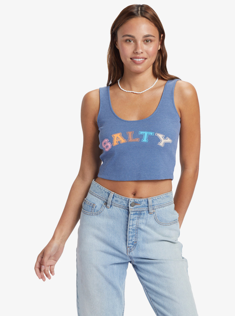 Another front view of top. Front view of top. Cropped tank with scoop neckline and thick straps. Features the word "Salty" in multi color block letters. Hits model above the belly button.