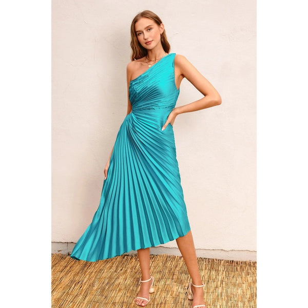 Olympia Asymmetrical Pleated Maxi Dress - Fresco Blue