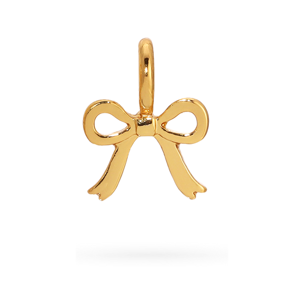 Front view of gold bow charm on its owns. Shows the gold bow charm from the charm garden collection. 