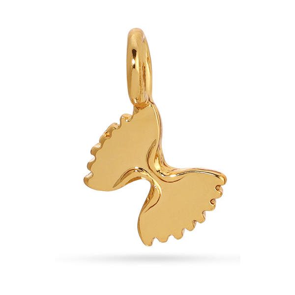 Front view of the gold bowtie pasta charm. The charm is shaped in the form of a bowtie pasta. 