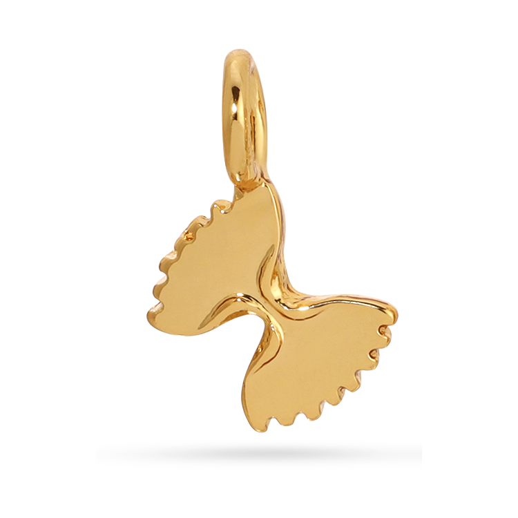 Front view of the gold bowtie pasta charm. The charm is shaped in the form of a bowtie pasta. 