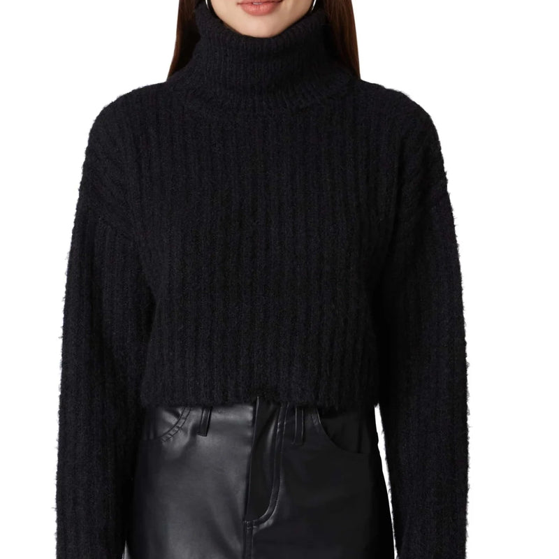 Front view of model wearing sweater. Shows  the turtleneck neckline. Also shows the ribbed detail throughout, the fuzzy knit , the cropped length and the color of the sweater is black.