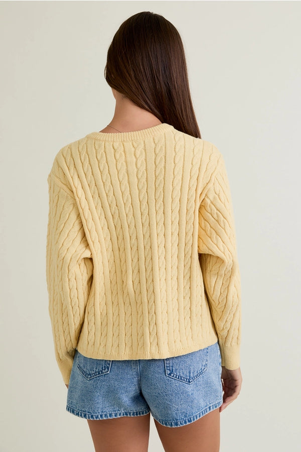 Person wearing a yellow cable knit sweater and denim shorts on a plain background