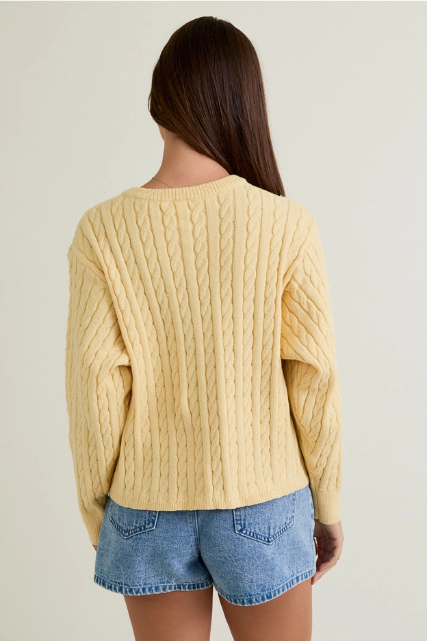 Person wearing a yellow cable knit sweater and denim shorts on a plain background
