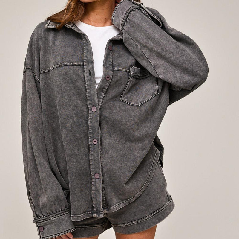 front view of the Vivian washed oversized long sleeve shirt. shows the collar. also shows the washed look, the front button down closure, the curved hem and oversized fit.  