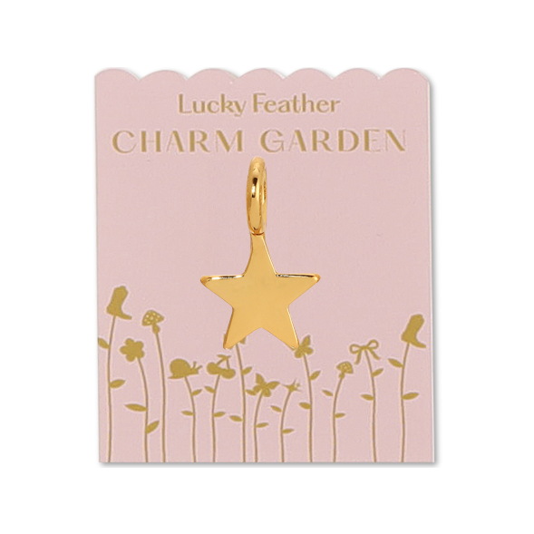 Front view of star gold charm on pink packaging with gold flower details and gold wording lucky feather charm garden. Charm is a little smaller than a dime.