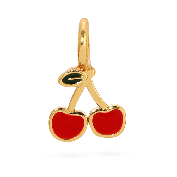 Front view of charm by itself. Shows the cherry gold charm with the cherries being red and the leaf being green. 