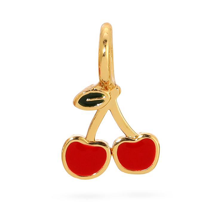 Front view of charm by itself. Shows the cherry gold charm with the cherries being red and the leaf being green. 