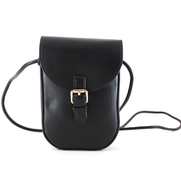 front view of cassidy buckle crossbody in black. shows the gold buckle detail. also shows the crossbody strap and flap top. 