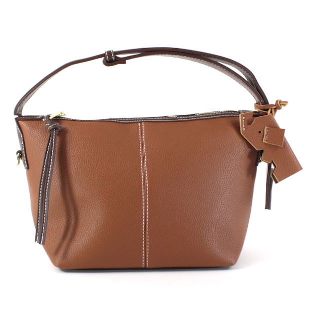 front view of madison hobo bag in brown, shows the elephant charm bag.  Also shows the two toned, strap is a different color than the bag itself.  Shows the defined stitching throughout. In the picture it shows the shoulder strap but also comes with a crossbody bag. Shows the zipper closure. 