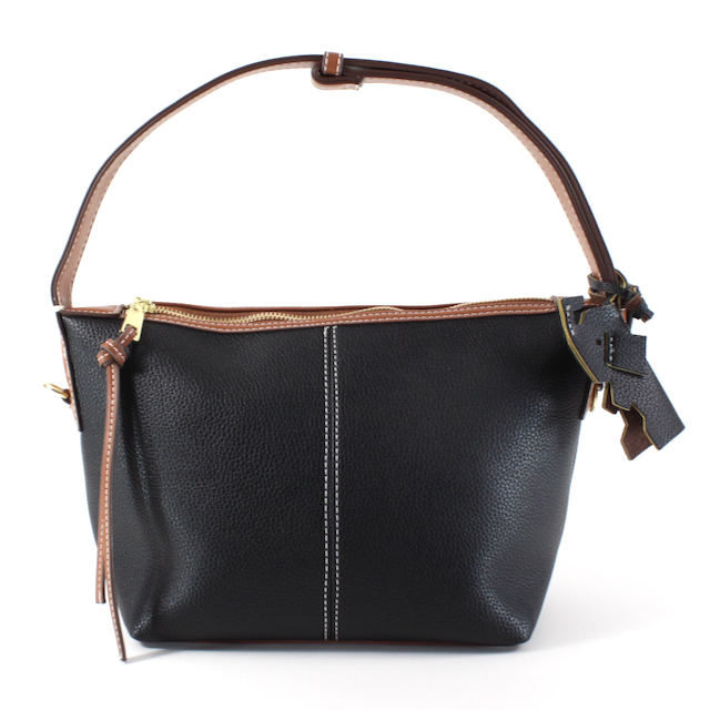 Front view of madison hobo bag in black. Shows the shoulder strap. Also shows the defined stitching throughout, the zipper closure and the knot detail on the zipper. 