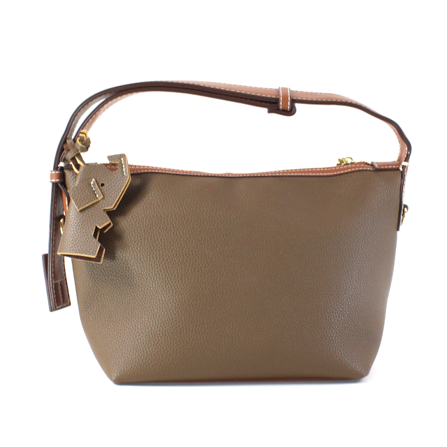front view of the madison hobo bag in mocha. shows the elephant bag charm. Also shows the two tone colors, the strap is a brown and the body of the bag is a mocha, the zipper clousre. 