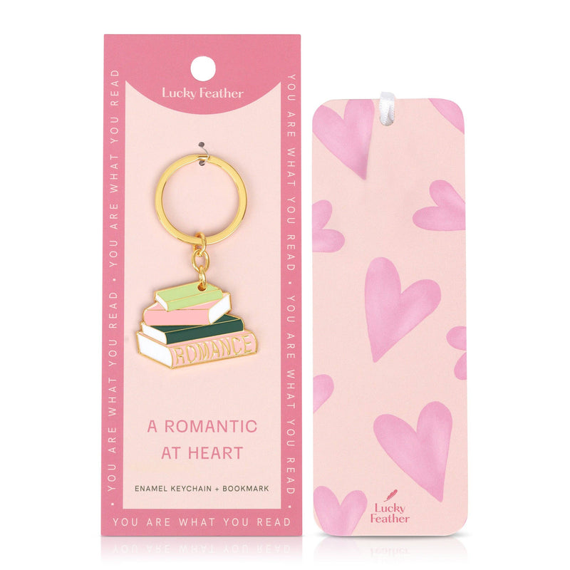 Lucky Feather romantic keychain and bookmark packaging with pink heart design