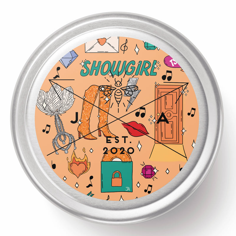 Circular product with 'Showgire' branding and design elements on a white background