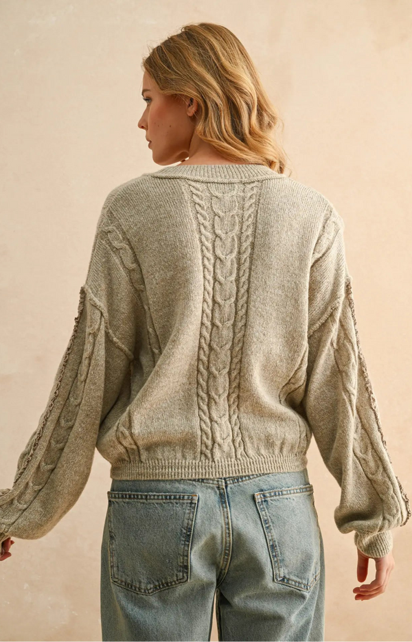 Person wearing a beige sweater with cable knit pattern on the back, standing against a beige background.