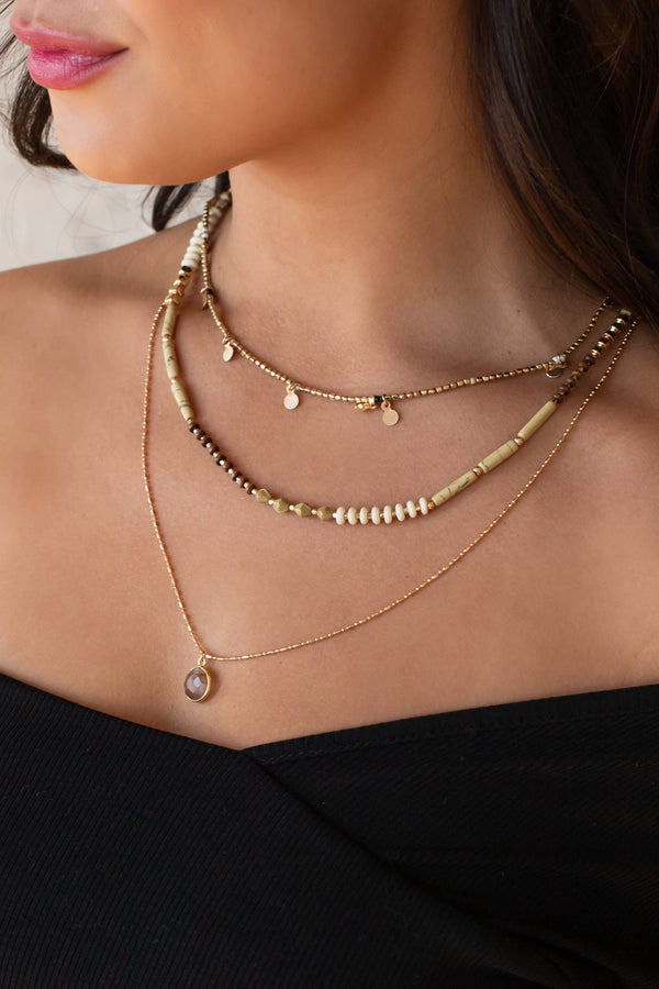 Panache Apparel Co. - Gold & Tan Beaded Multi-Strand Necklace