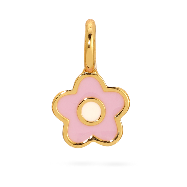 front view of the gold flower charm by itself. Shows that the flower charm is gold, pink with a white center. 