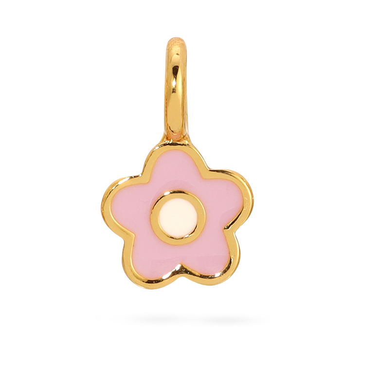 front view of the gold flower charm by itself. Shows that the flower charm is gold, pink with a white center. 