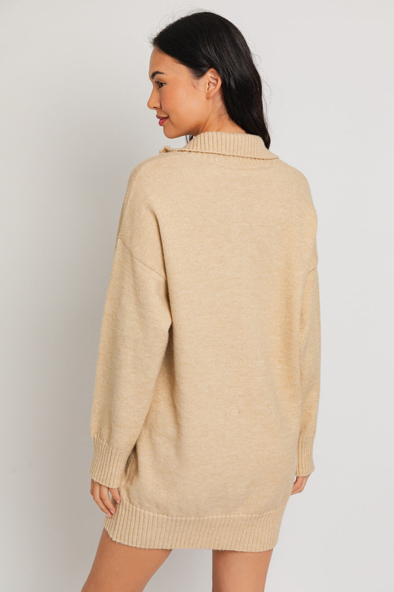 Back view of model wearing dress. Shows the ribbed collar. Also shows the dropped shoulder seams and the ribbed detail on cuff and hem. 