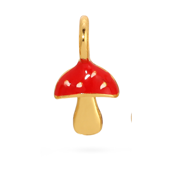 Front view of the gold mushroom by itself. Shows that the top of the mushroom is red with gold speckles and the stem is all gold. 