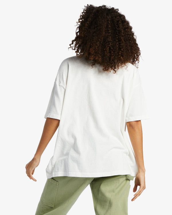 Back view of model wearing t-shirt. Shows the oversized fit. Also shows the short sleeve. 