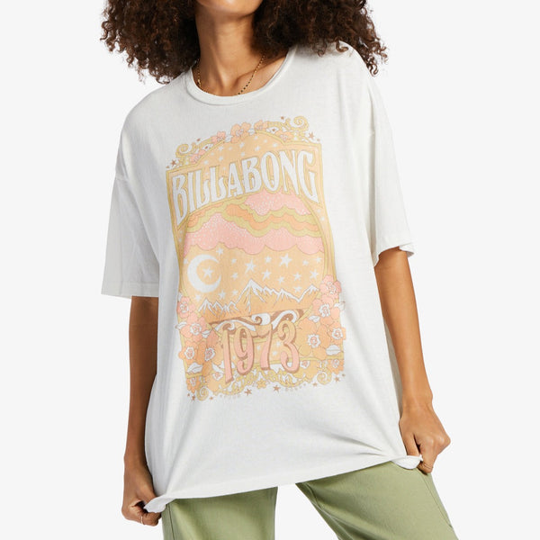 Front view of model wearing t-shirt. Shows the crew neckline. Also shows the short sleeve and the awesome design on front.