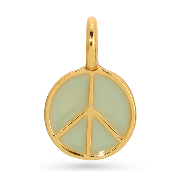 Front view of the peace gold charm by itself. Shows the gold peace charm with center being a sage green color. 