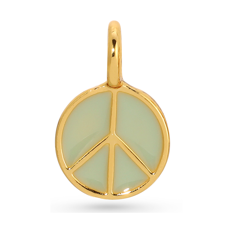 Front view of the peace gold charm by itself. Shows the gold peace charm with center being a sage green color. 