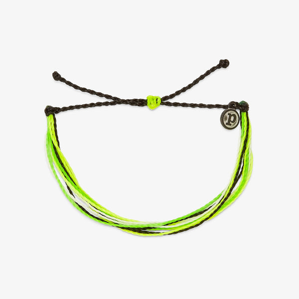 Front view of bracelet. Shows the tie closure. Also shows the different colors of neon yellow, lime green, white and black. and the P charm. 