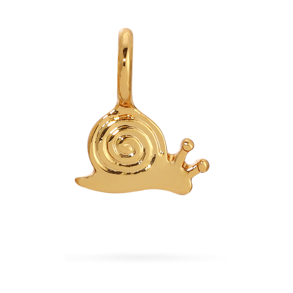 front view of snail charm by itself. Shows the gold snail charm with the little tenticlaes  and swirl detail on its back. Charm Is aliitle smaller than a dime. 