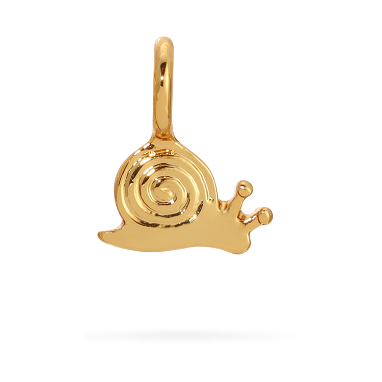 front view of snail charm by itself. Shows the gold snail charm with the little tenticlaes  and swirl detail on its back. Charm Is aliitle smaller than a dime. 
