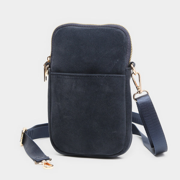 Front view of crossbody. Shows the zipper closure. Also shows the front pocket, the adjustable and detachable strap in this navy color.  