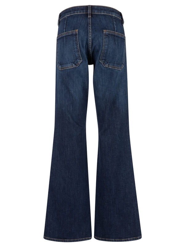Back view of ana Flare Jeans. Shows the back patch pockets. Also shows the flare bottoms and the belt loops.