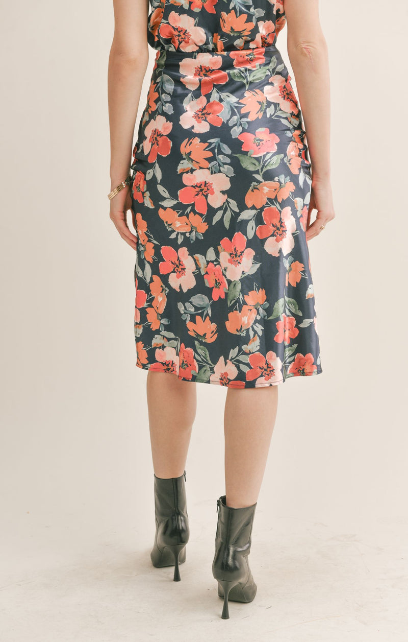Back view of model wearing skirt. Shows the skirt being high waisted. Also shows the beautiful floral print. 