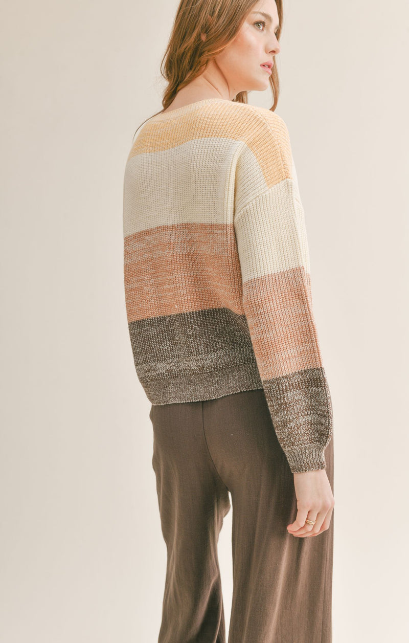 Back view of model wearing sweater. Shows the drop shoulder hem. Also shows the synched cuff and ribbed sweater detail. 