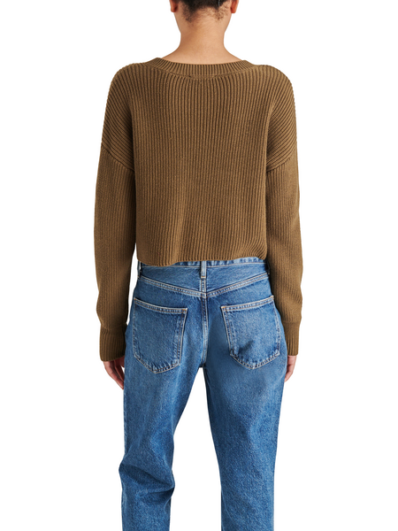 back view of model in sweater. shows the cropped length and dropped shoulders.