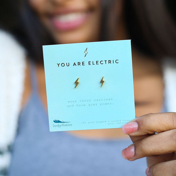 Lucky Feather New Moon Earrings- "You Are Electric"