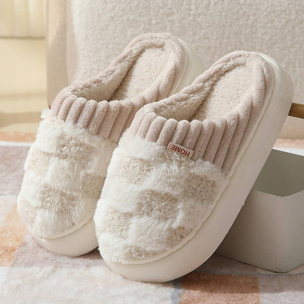 ACCITY - CHECKERED FUZZY WARMIES SLIPPERS_CWSHS0270: White / (7) 1