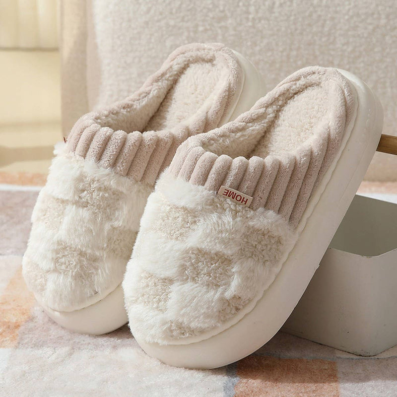 ACCITY - CHECKERED FUZZY WARMIES SLIPPERS_CWSHS0270: White / (6) 1