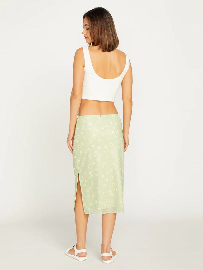 back view of skirt. you can see the low waist and the side slit is still visible from this angle.